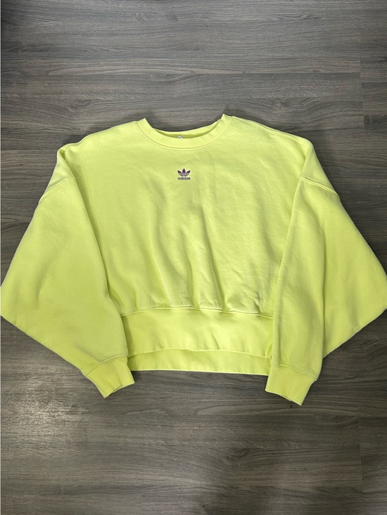 adidas Tops - adidas Neon Yellow Crop Pullover Sweatshirt with Purple Embroidered Chest Logo